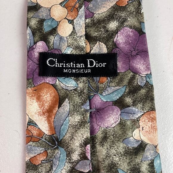 Christian Dior Monsieur 100% Silk Neck Tie Spring Flowers Fruit Green Purple - Picture 5 of 7
